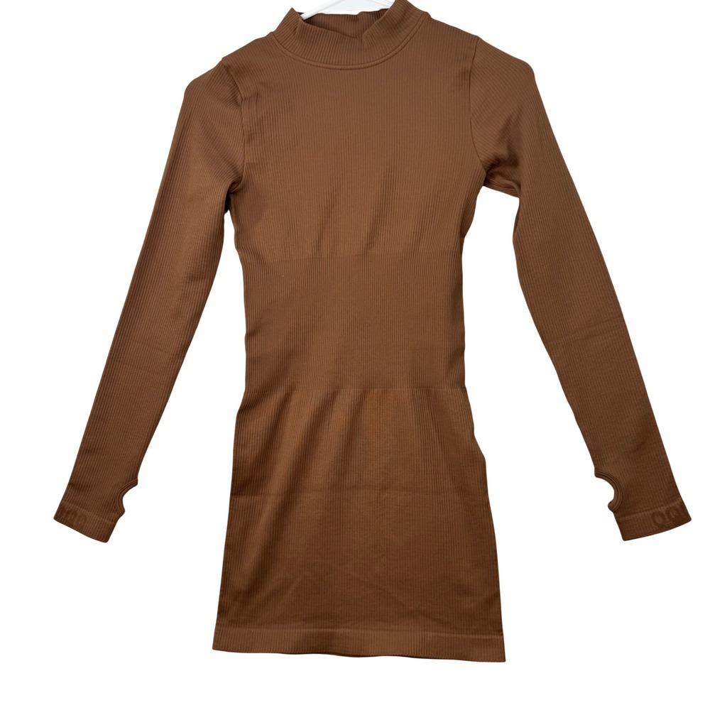 New OQQ Ribbed Long‎ Sleeve Dress Womens Small Brown Thumbhole Bodycon Mini sexy